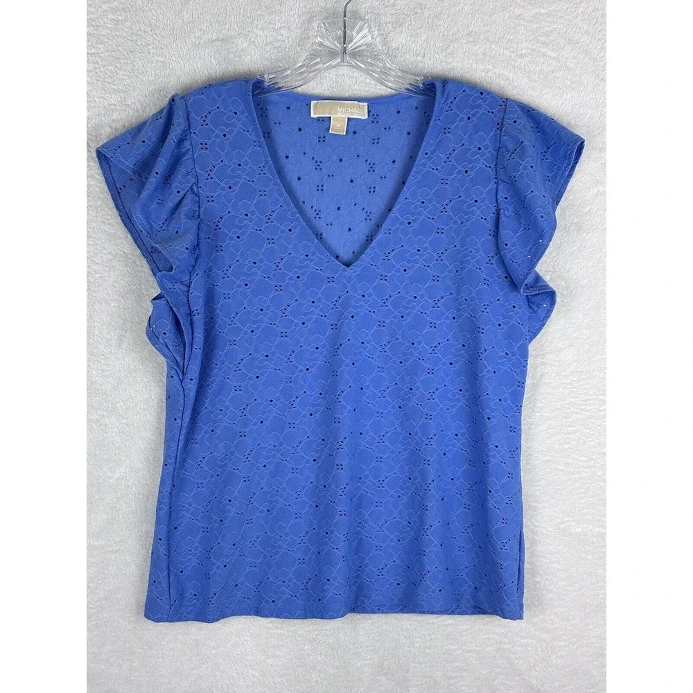 MICHAEL KORS‎ Women's Blue Floral Embroidered V-Neck Top Size M